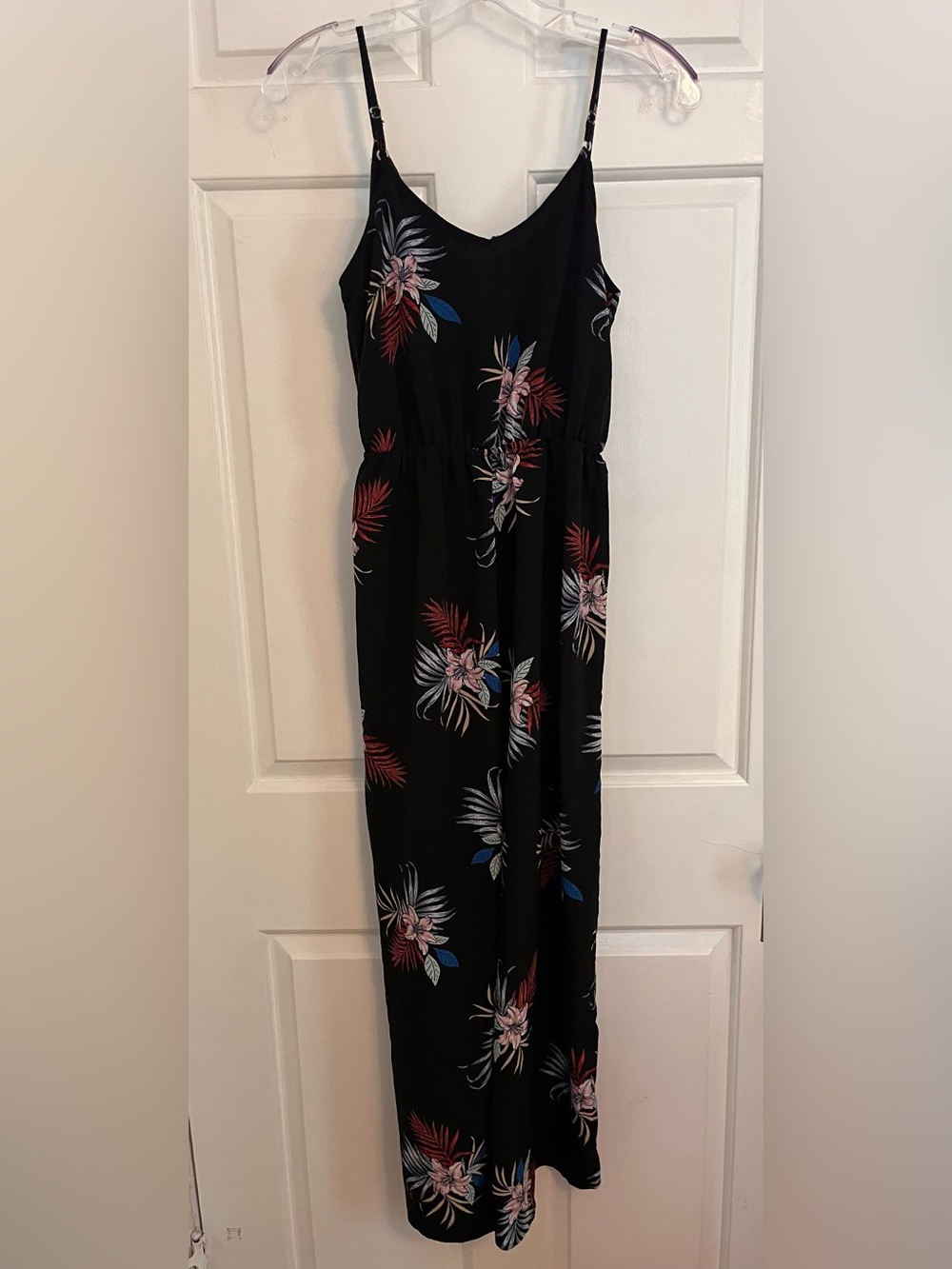 Papermoon Black Floral V-Neck Dress with Red and White Leaf Print